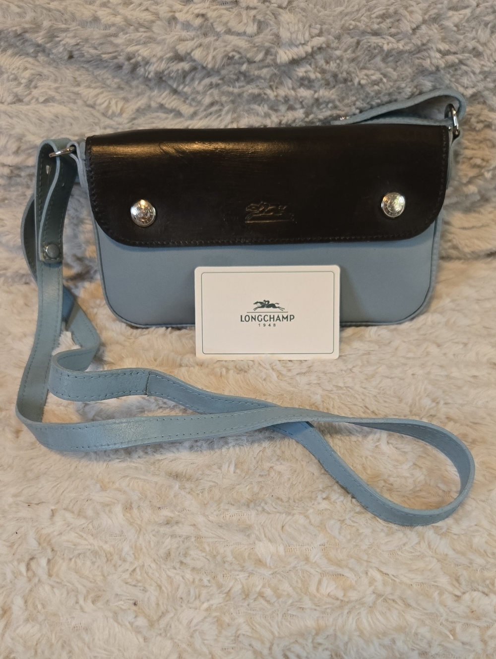 Longchamp Light Blue and Black Leather Crossbody Bag